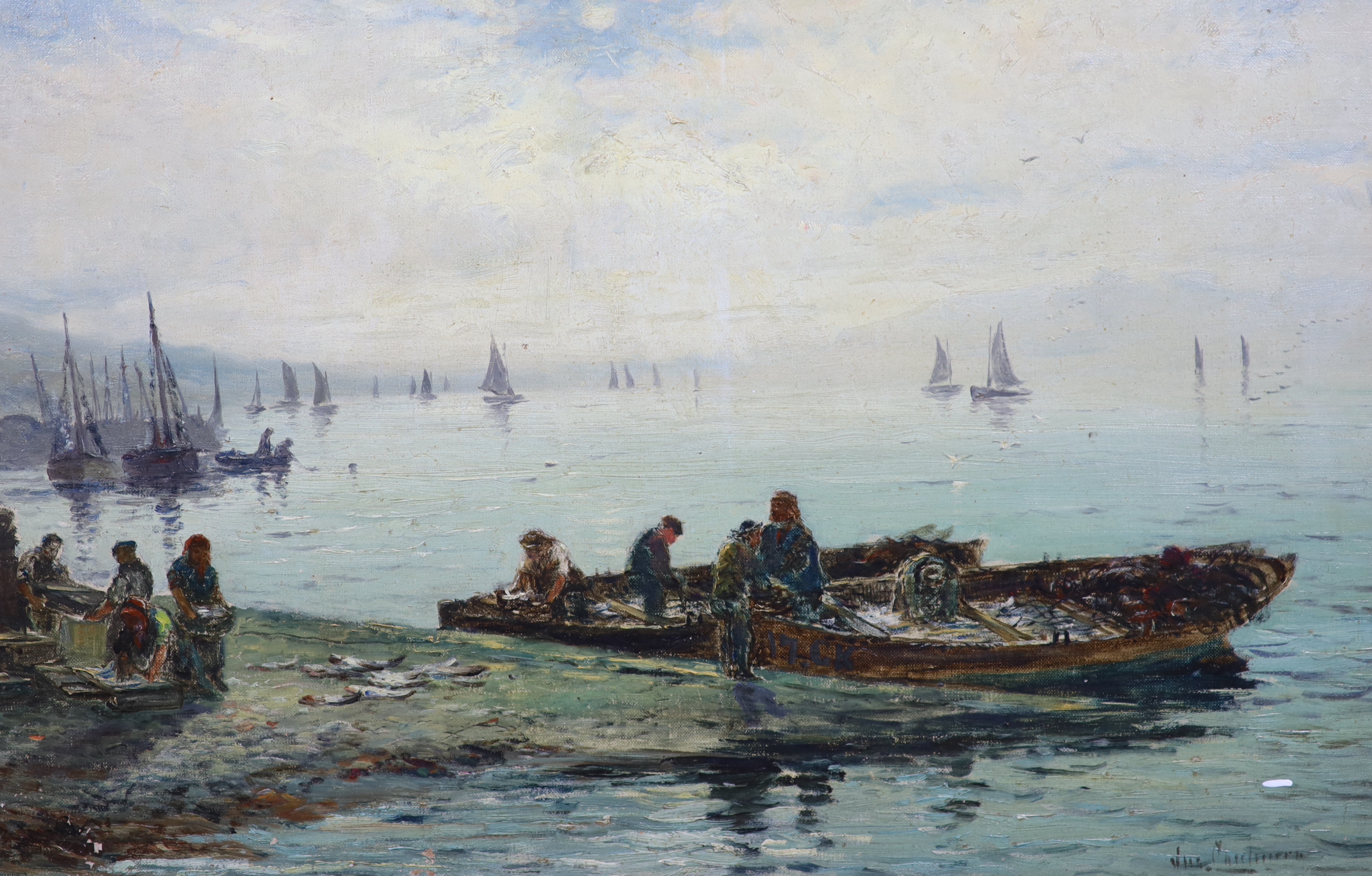 Continental School, oil on canvas, Harbour scene with moored boats and fisherfolk, indistinctly signed, 40 x 60cm